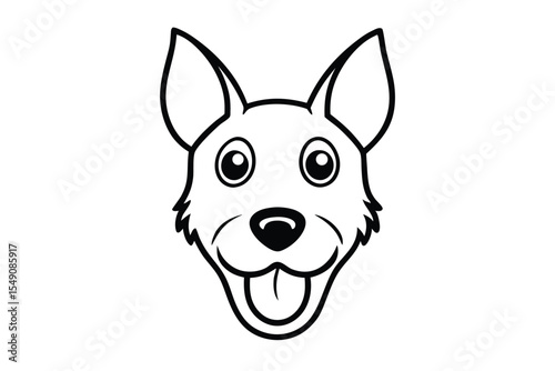 Black outline drawing showcases a happy dog face with its tongue sticking out gleefully