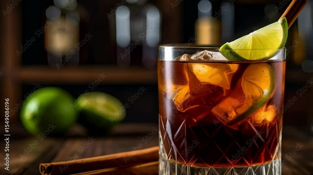 Refreshing brown cocktail with lime slice, ice cubes, cinnamon sticks, and coffee beans on wooden bar