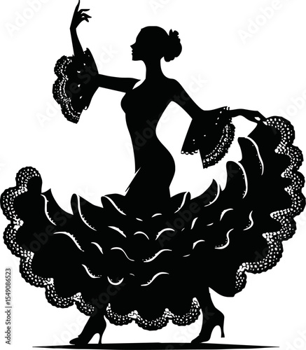 Silhouette of Hispanic woman in flamenco dress dancing vector style on white background