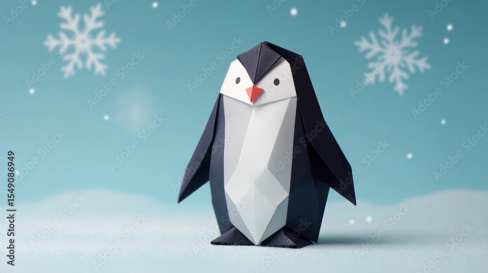 Obraz premium Charming origami penguin folded from black and white paper standing on a frosty mint background with subtle snowflake shadows