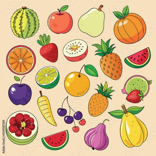 Seamless pattern with a vibrant collection of fresh, healthy cartoon fruits like apples, strawberries, oranges, lemons, cherries, pineapples, bananas, watermelons, plums, grapes, peaches, kiwis, and r