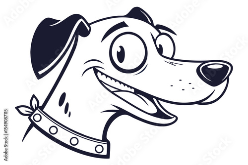Cartoon Dalmatian with collar displays playful joy in a monochrome line art