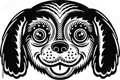 Black and white canine illustration showcases a playful dog with a stickingout tongue