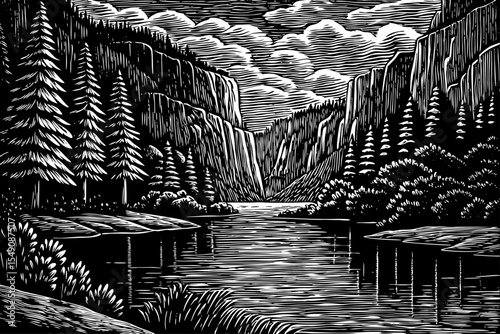 Hidden mountain lake nestled between rocky cliffs and dense pine forests, a black and white sketch vector