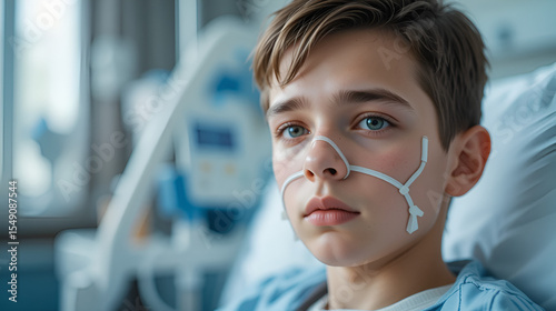 Close up portrait of sad sick boy with nasal cannula looking at camera in hospital