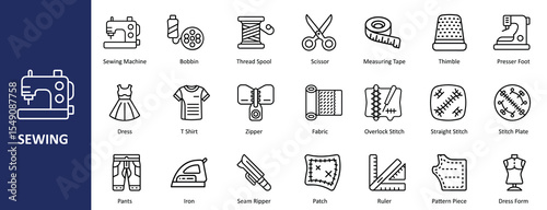 Modern Flat Line Art Sewing Icons Set - Tailoring, Crafting, and Textile Symbols for Digital Media, Apps, and Creative Hobby Graphics