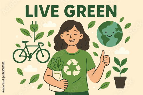 A smiling woman in a green recycle shirt holds a plant, giving a thumbs-up. Surrounded by leaves, a bike, and a happy Earth, with "Live Green" text, promoting eco-friendly living.