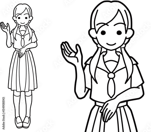 右手をあげて案内する女子高生線画