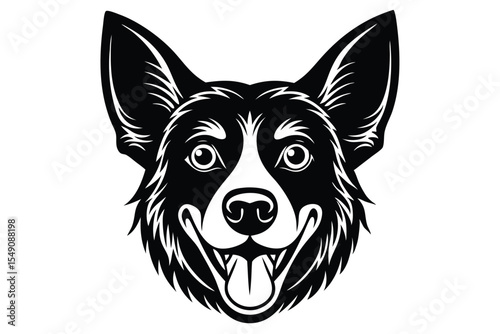 A black and white shows a cute Border Collie dog's face smiling