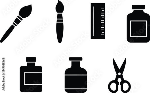 Black and White Art Supply Icons – Monochrome Silhouettes of Paintbrushes, Bottles, Ruler, and Scissors for Creative Projects, Studio Decor, and Design Materials