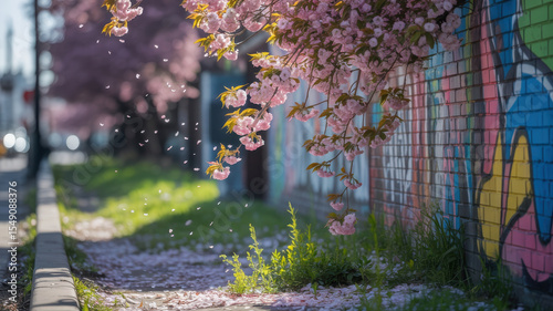 Cherry blossoms in bloom against an urban graffiti wall in spring.