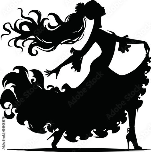 Silhouette of Hispanic woman in flamenco dress dancing vector style on white background