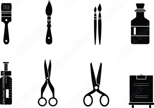 Black and White Art Tool Icon Set – Monochrome Silhouettes of Paintbrushes, Scissors, Bottles, and Easel for Creative Studio Projects and Artistic Design Use