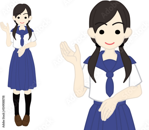 右手をあげて案内する女子高生カラー