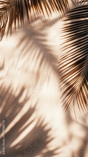 summer background of beach sand with shadows from palm leaves, top view
