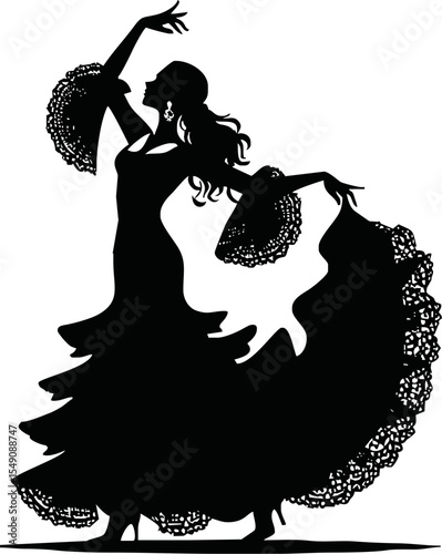 Silhouette of Hispanic woman in flamenco dress dancing vector style on white background