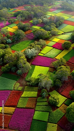 Aerial View: Colorful Fields, Gentle Orbit