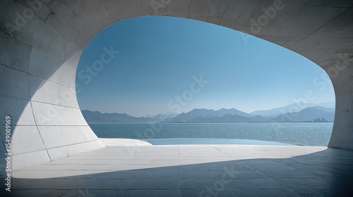 Modern architectural structure with large open window overlooking scenic mountain landscape photo