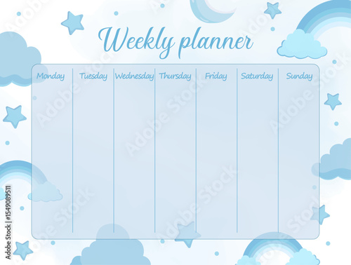 Blue weekly planner for boys with sky elements Clouds stars moon