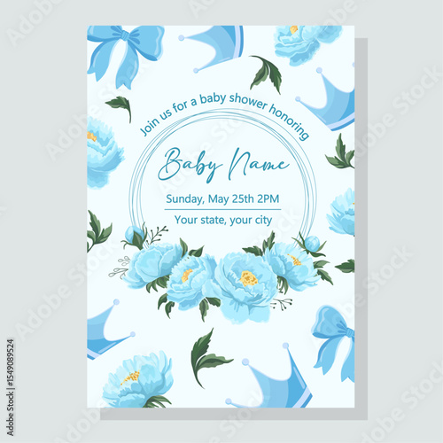 Wallpaper Mural Blue baby shower invitation template with beautiful flowers and boy elements Torontodigital.ca