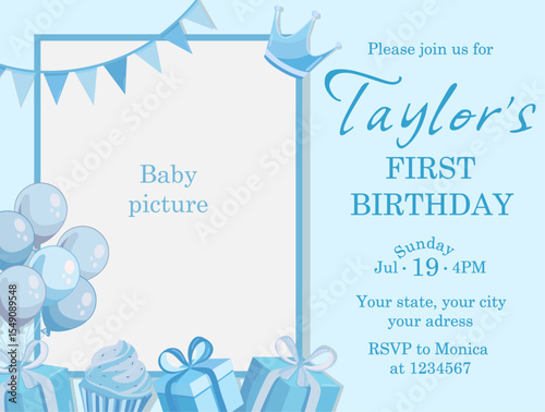 Wallpaper Mural Happy first birthday invitation template with photo Boy blue card Torontodigital.ca
