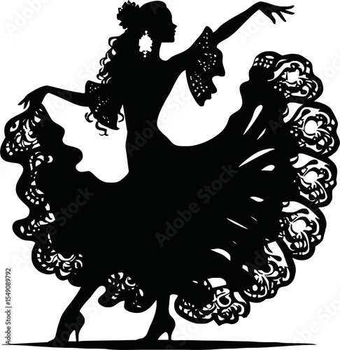 Silhouette of Hispanic woman in flamenco dress dancing vector style on white background