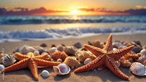 Seashells Scatter Across Sunset Beach Shore
