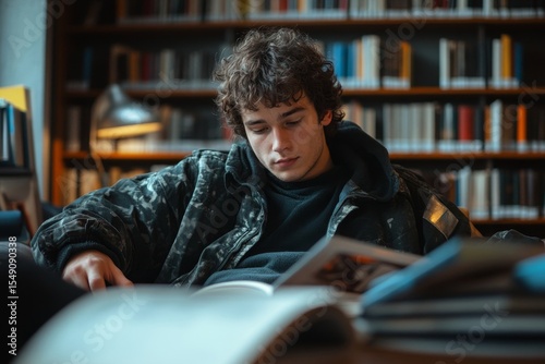 Male student studying in university library, surrounded by books and materials, focusing on his studies in a quiet academic environment, Generative AI
