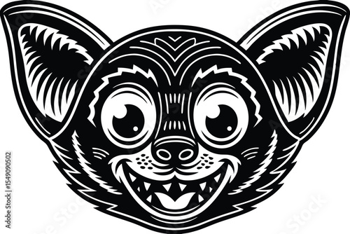 A stylized bat face art shows a cartoonish creature smiling widely with prominent teeth
