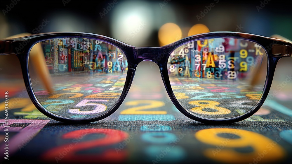 Close-up of eyeglasses with colorful numeric street art reflection and blurred background Close-up of eyeglasses with colorful numeric street art reflection and blurred background