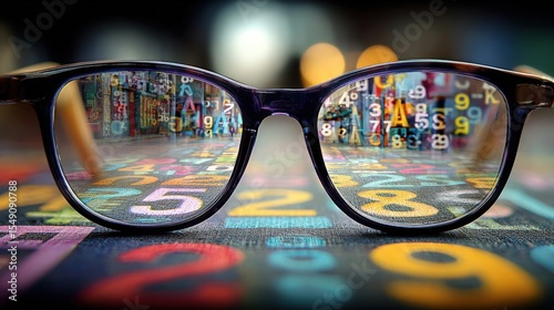 Close-up of eyeglasses with colorful numeric street art reflection and blurred background