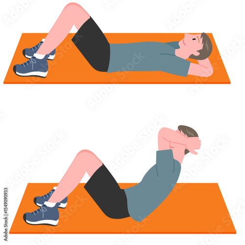 Vector illustration of a man doing abdominal crunch exercise in two poses