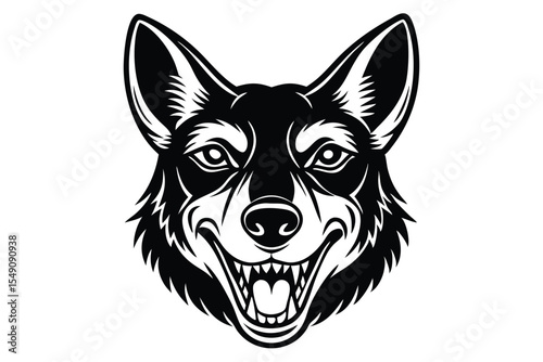Black of a ferociouslooking dog's head is displayed prominently and symmetrically