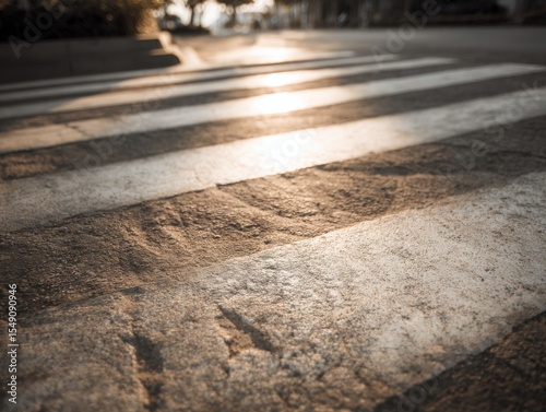 Close-up of worn crosswalk lines on pavement with sunlight reflecting on street surface
