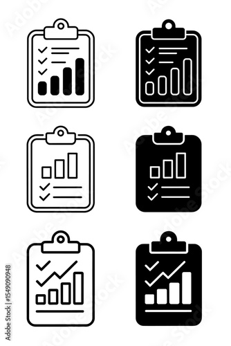 Clipboard Analytics Icon Set. Business Chart and Checklist Symbols