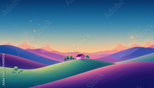 Peaceful countryside landscape with rolling hills under a starry twilight sky and a solitary house surrounded by trees