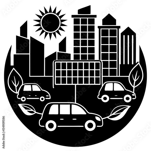 Eco city with electric cars, solar panels, and greenery