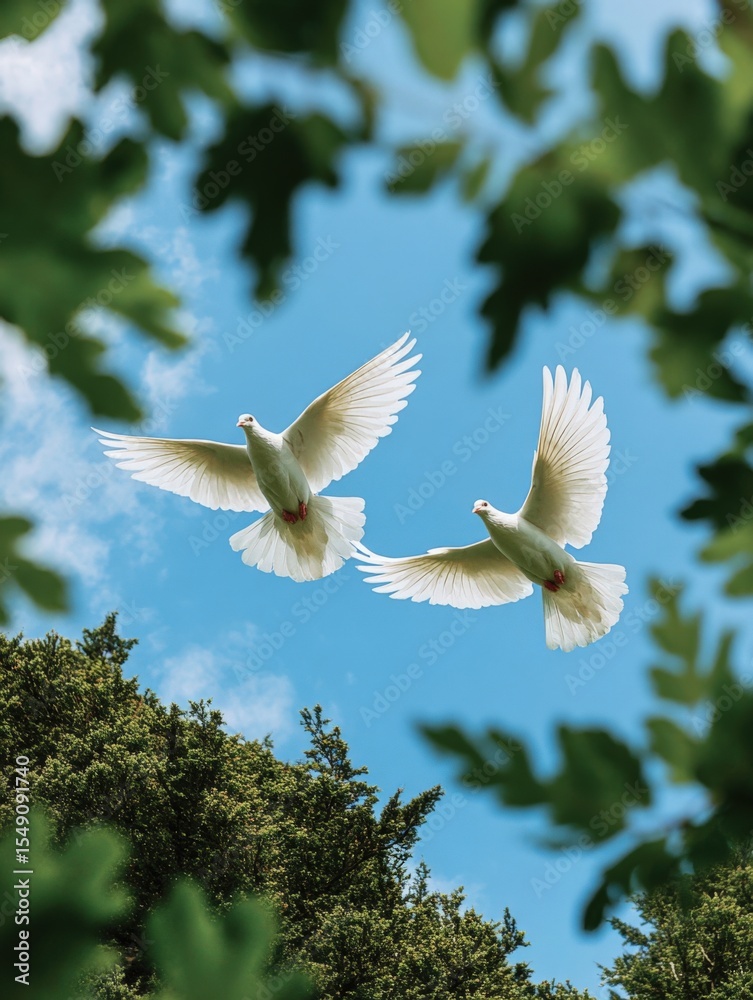 Obraz premium Two white s flying in blue sky surrounded by green leaves and trees