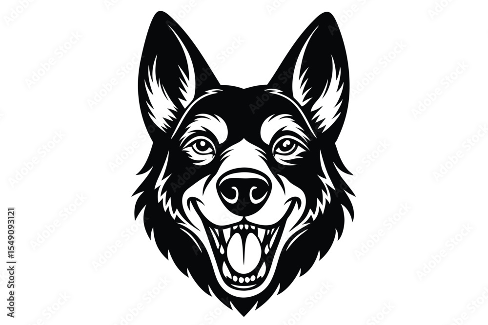 Naklejka premium Black and white drawing shows a grinning German Shepherd dog head