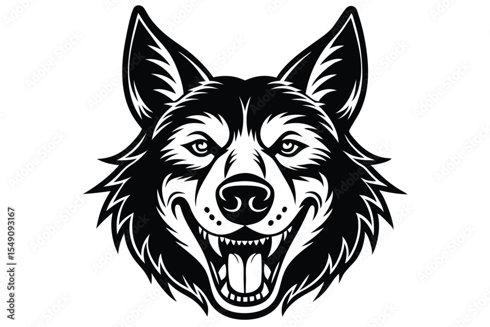 Naklejka premium A black and white wolf head reveals its sharp teeth in a menacing grin
