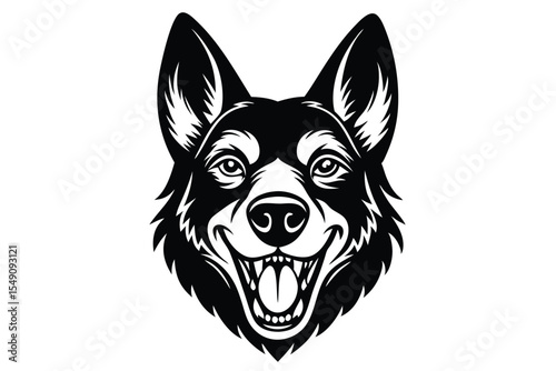 Black and white drawing shows a grinning German Shepherd dog head