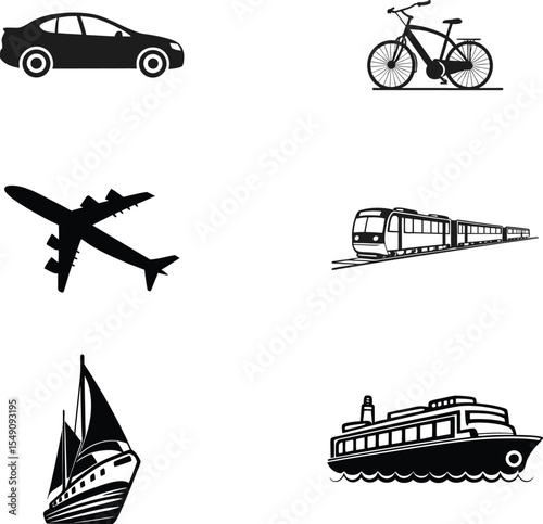 This collection features diverse transportation and travel icons, including silhouettes of ships, boats, cargo vessels, and airplanes, illustrating various modes of sea and air transport