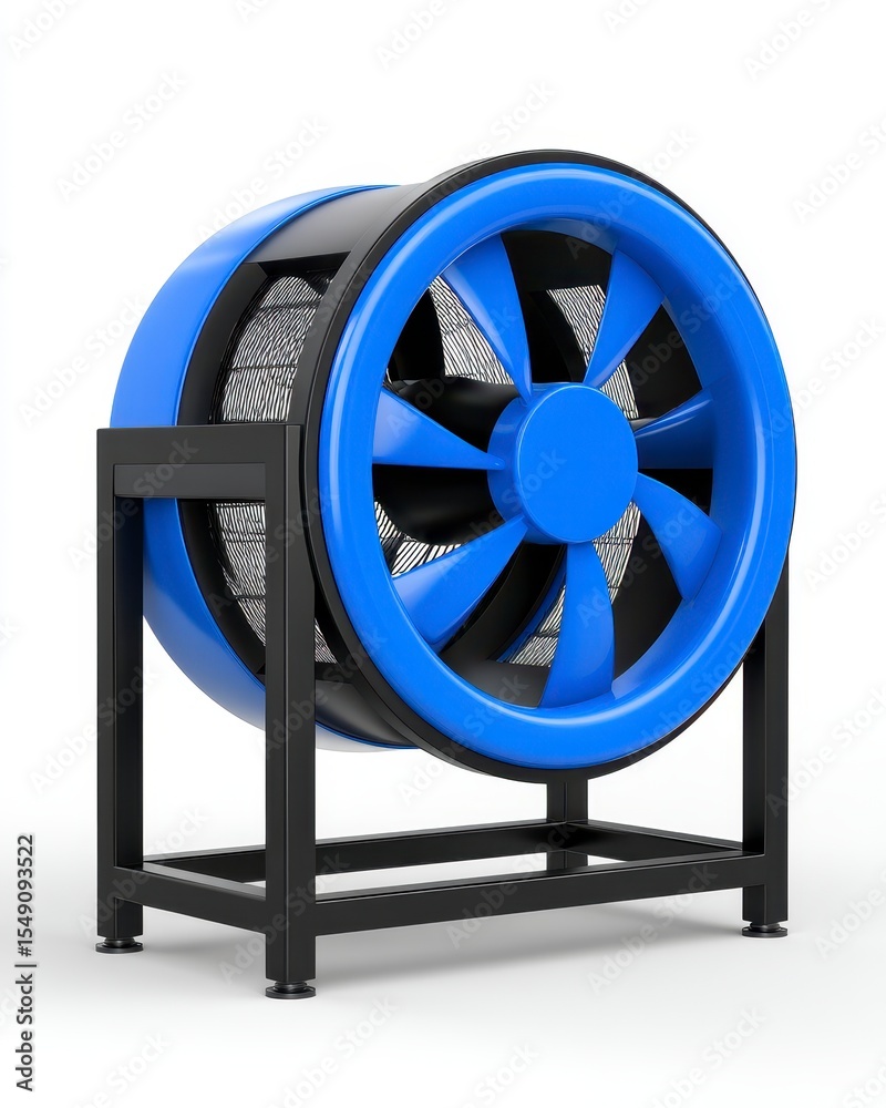 Obraz premium Blue Industrial Fan on Metal Stand Against White Background