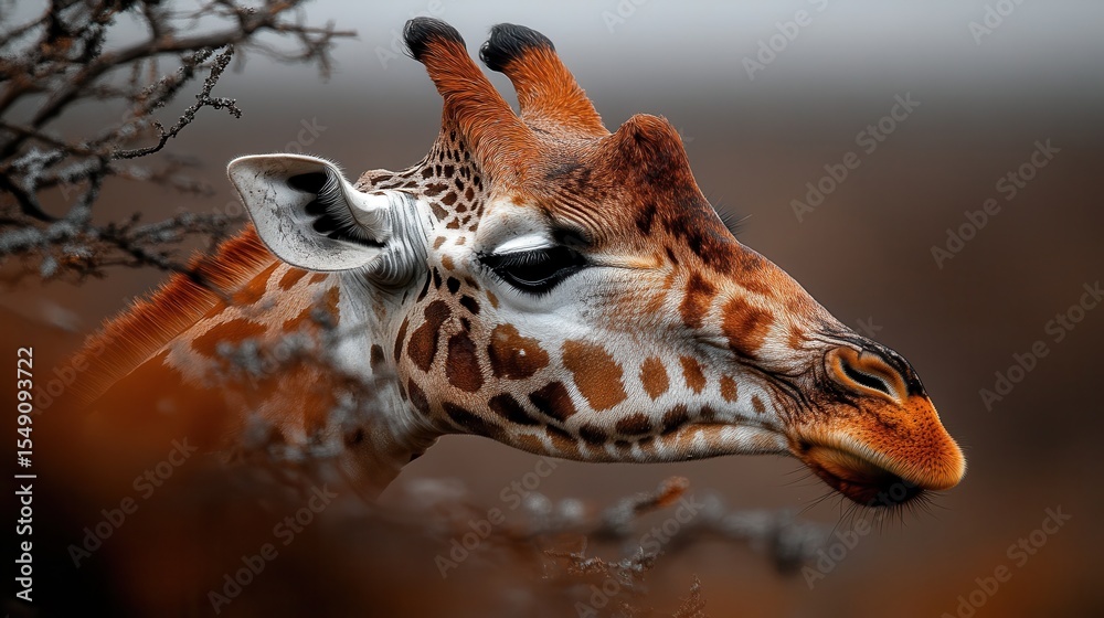 Obraz premium A close-up shot of a giraffe, beautifully framed among foliage, highlighting its unique patterns and the serene atmosphere of its natural habitat, evoking a sense of tranquility.