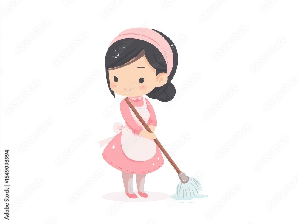 Cute Cartoon Girl Mopping Floor in Pink Dress Cute Cartoon Girl Mopping Floor in Pink Dress
