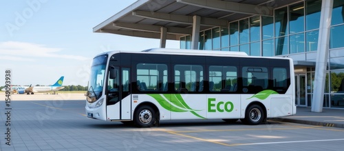 Eco-friendly bus parked at a modern airport terminal.