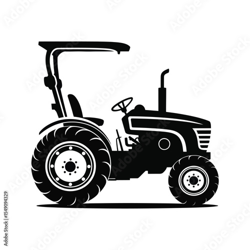 Black Silhouette of a Farm Tractor on White Background Side View Agricultural Vehicle Icon Illustration