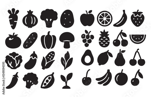 black and white icons set fruit and vegetable asset