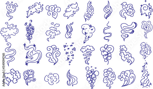 Whimsical doodle smoke, fire, steam, swirl and wind icon set. Hand drawn cartoon flame and vapor elements. Grunge sketch aroma, cloud, heat wave, magical air symbol vector illustration.