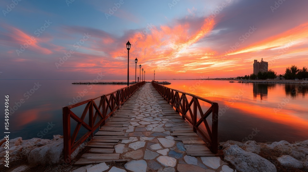 Fototapeta premium Beautiful Sunset Over Calm Lake with Wooden Pier and Silhouette of City Buildings